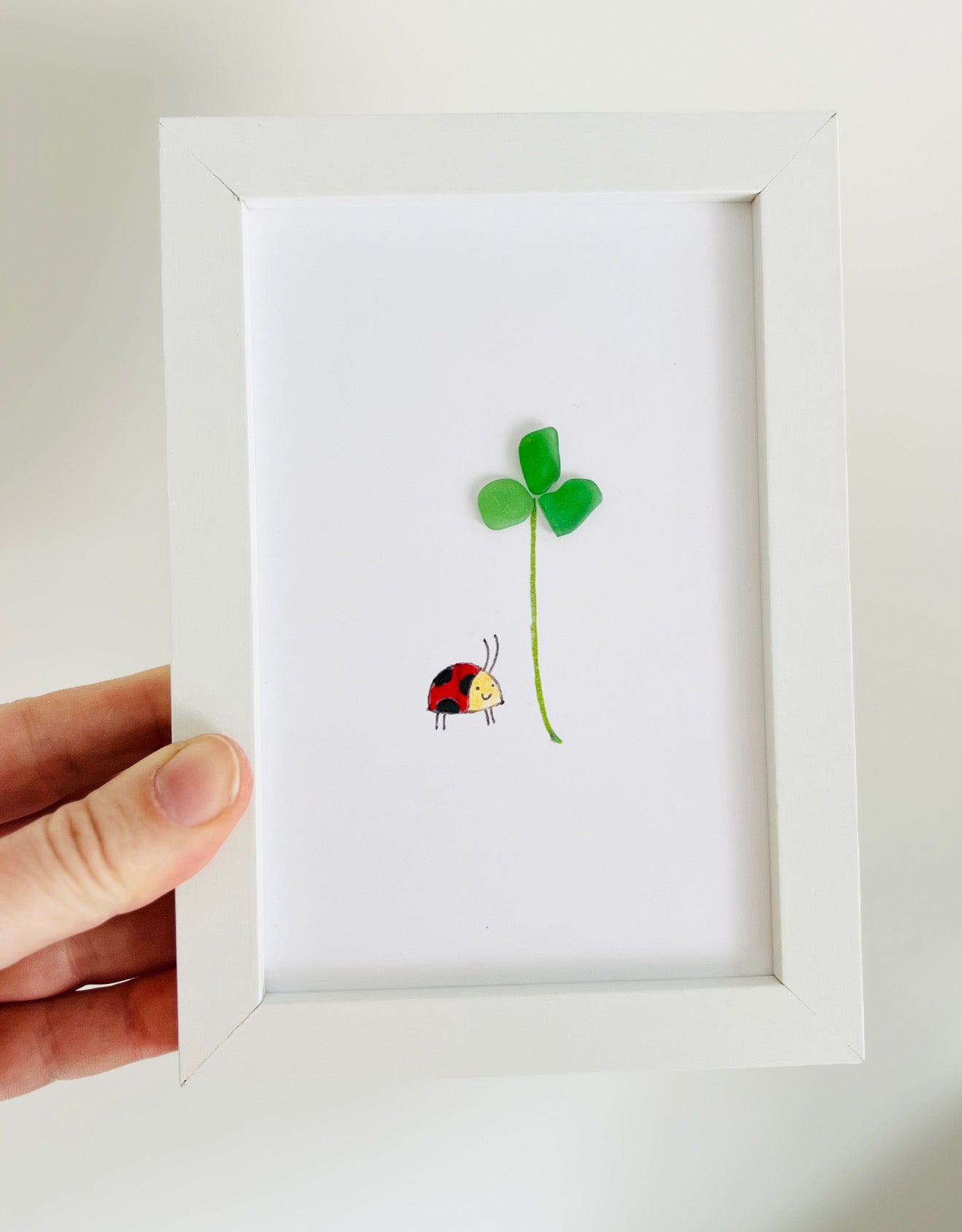 Clover with Ladybug Sea Glass Art by Sook & Hook