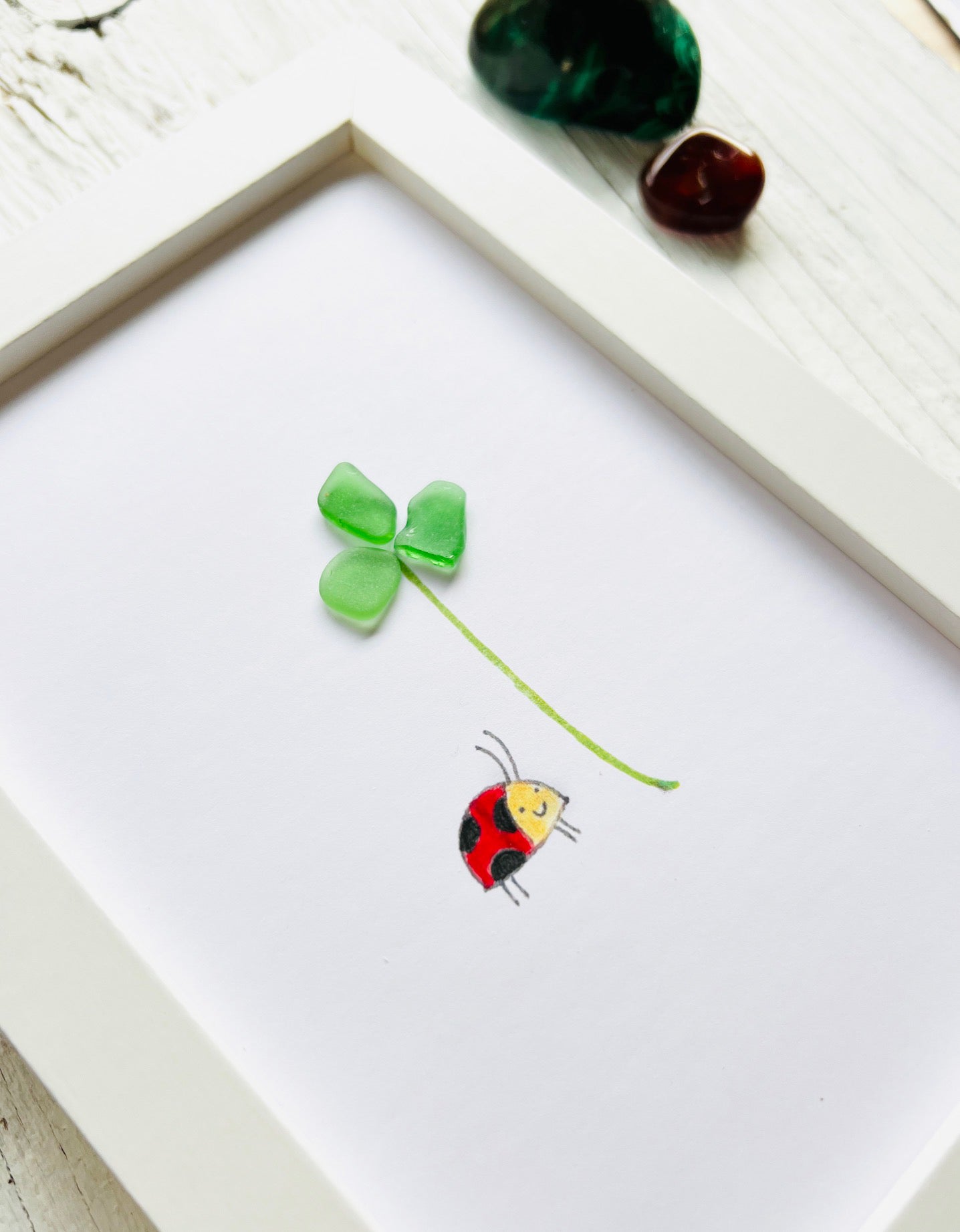 Clover with Ladybug Sea Glass Art by Sook & Hook