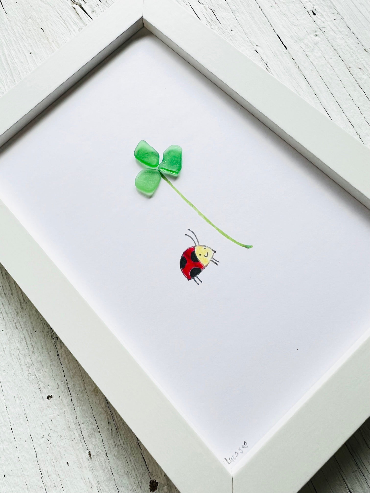 Clover with Ladybug Sea Glass Art by Sook & Hook