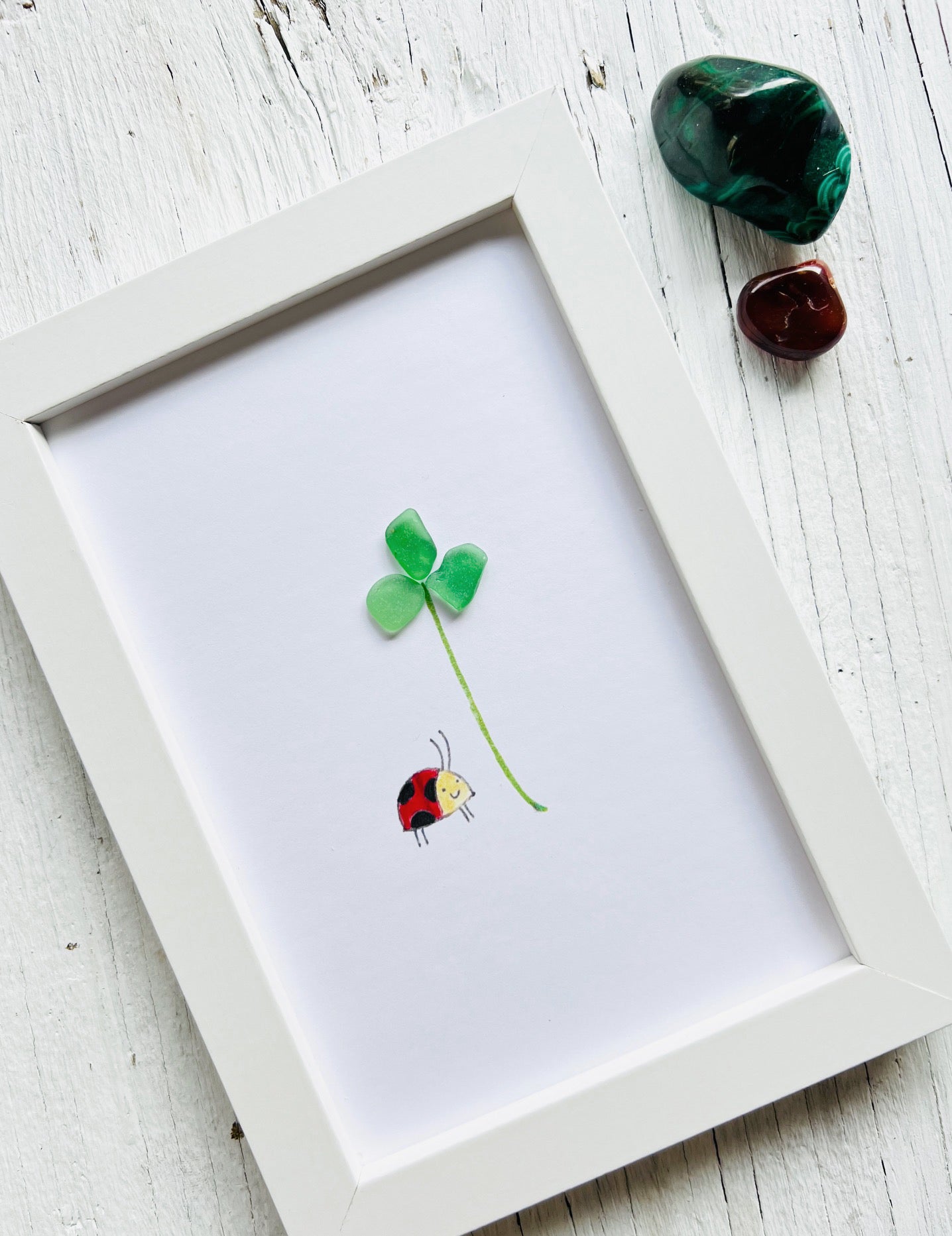 Clover with Ladybug Sea Glass Art by Sook & Hook