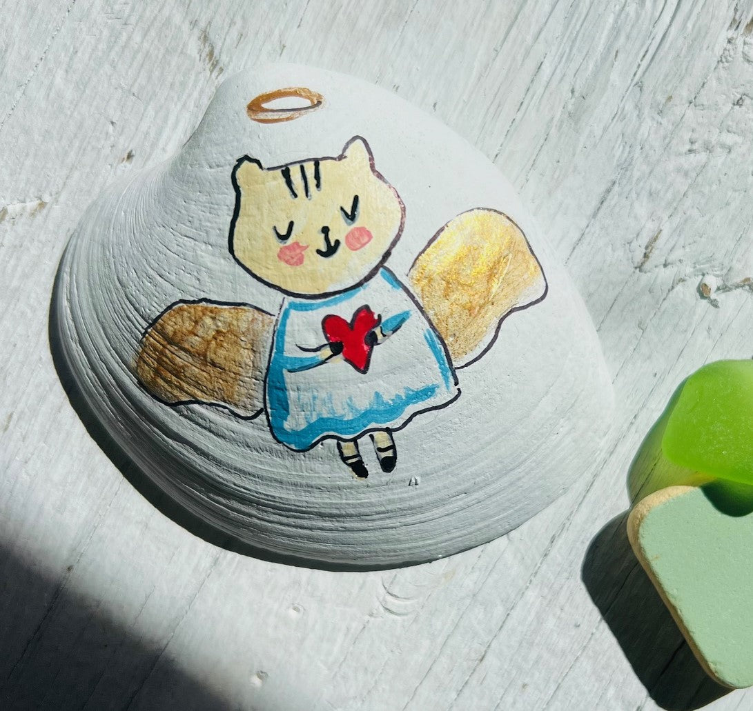 Cat Angel Hand Painted Clam Shell