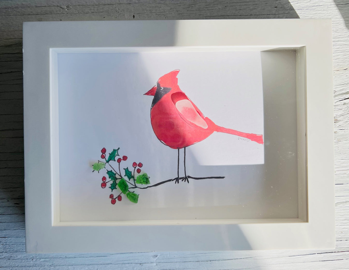 Cardinal with Sea Glass Holly Leaves